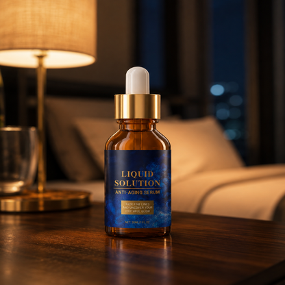 A bottle of Liquid Solution Anti-Aging Serum with a blue label and gold dropper cap, set on a dark wooden table in a warmly lit bedroom with a lamp and bed in the background.
