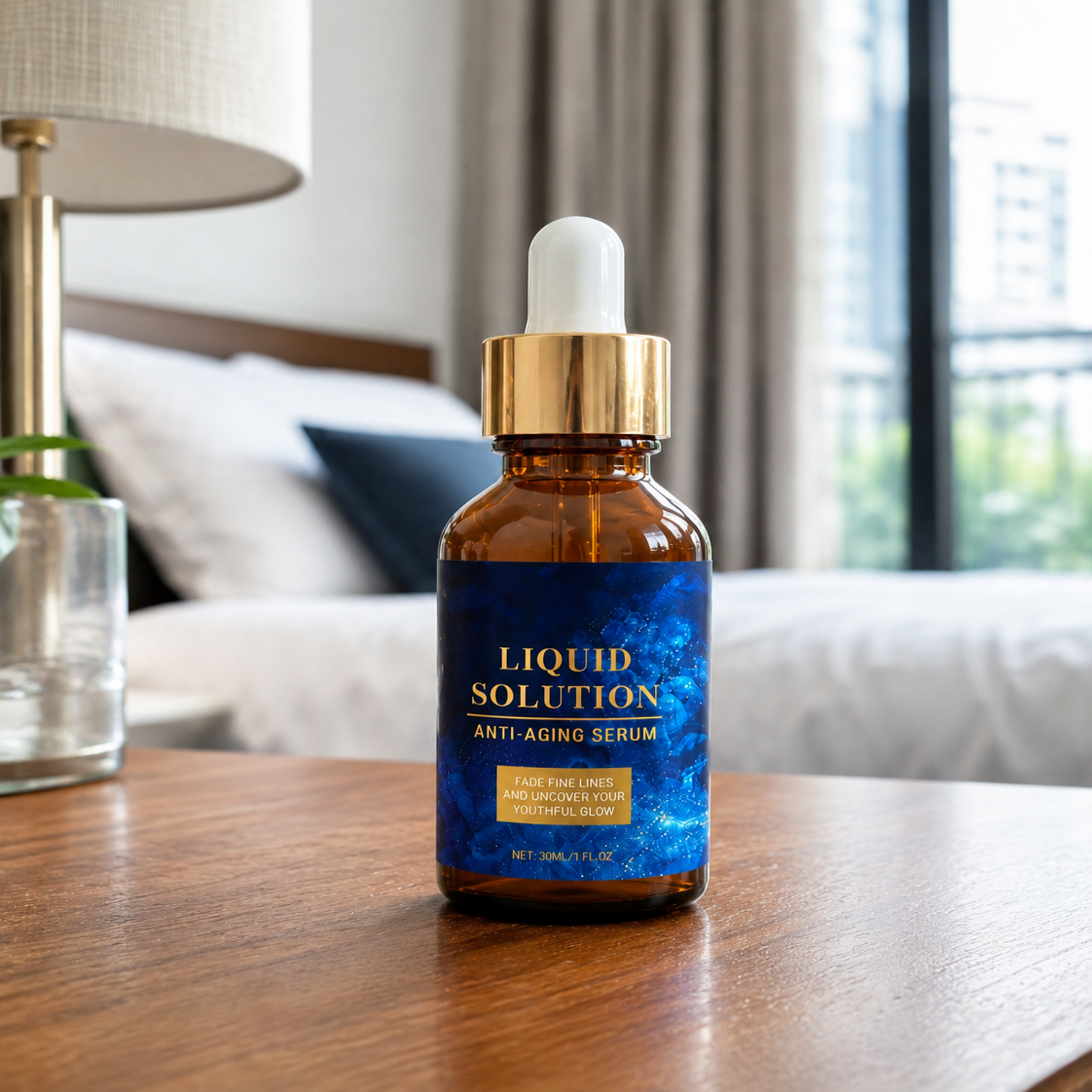 An amber glass dropper bottle of Liquid Solution Anti-Aging Serum with a blue label and gold cap, set on a wooden table in a softly lit bedroom.