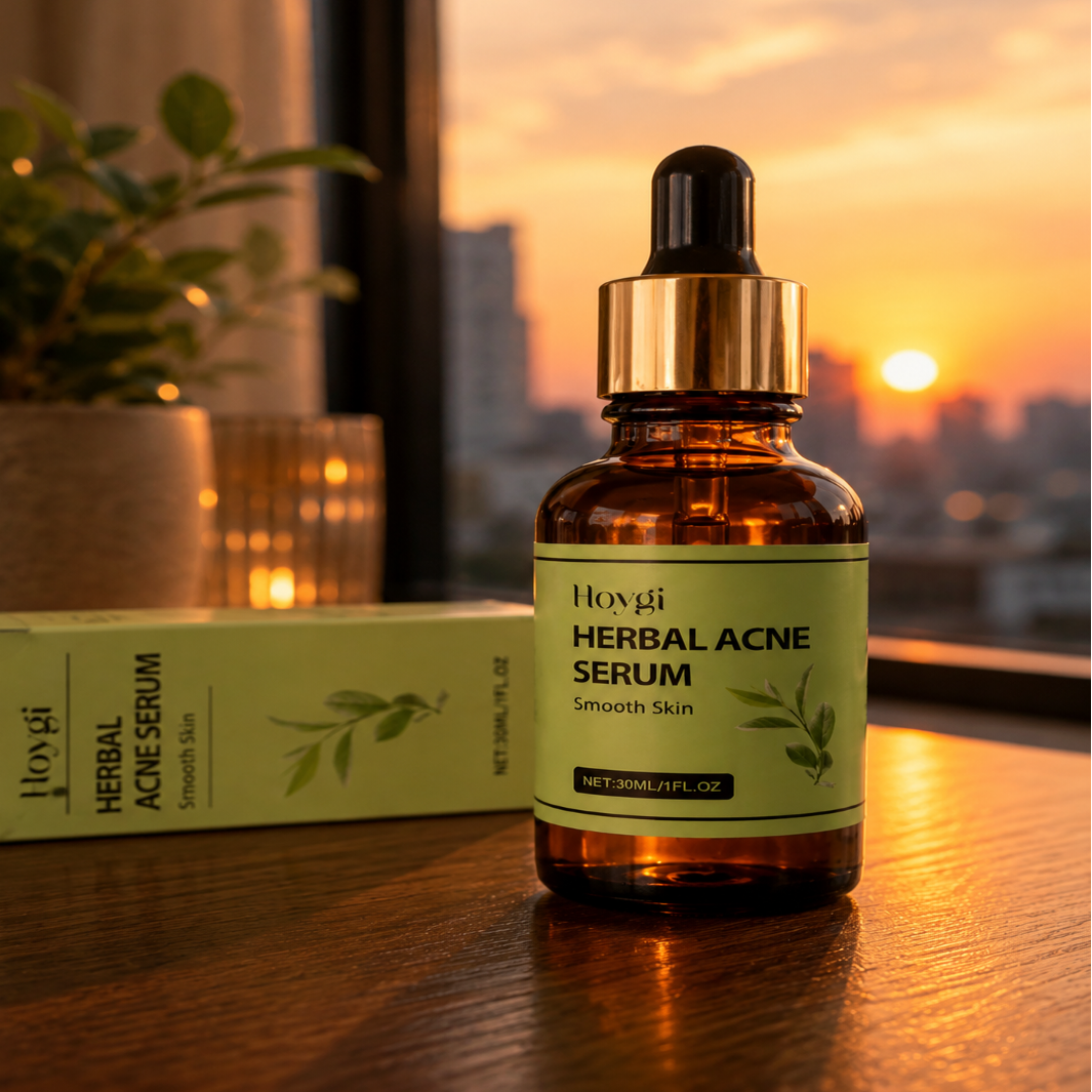 Hoyi Herbal Acne Serum in an amber glass dropper bottle with a gold collar and black dropper, placed on a wooden table next to its light green box. The background shows a warm sunset city skyline window with a plant.